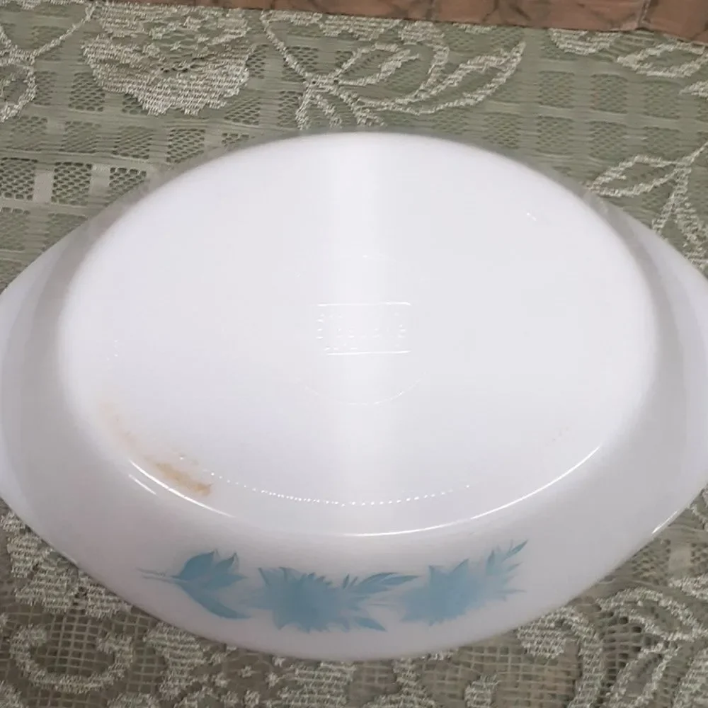 Vintage Glasbake White Milk Glass Blue Thistle Oval Divided Casserole Dish J2352